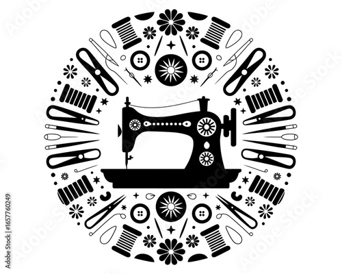 Vintage sewing machine surrounded by crafting tools and decorative elements