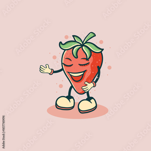 A Happy Strawberry Cartoon Character Smiles Widely
