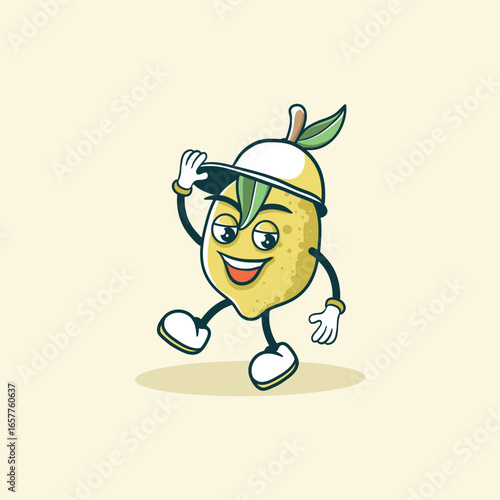 A cheerful lemon cartoon character wearing a hat