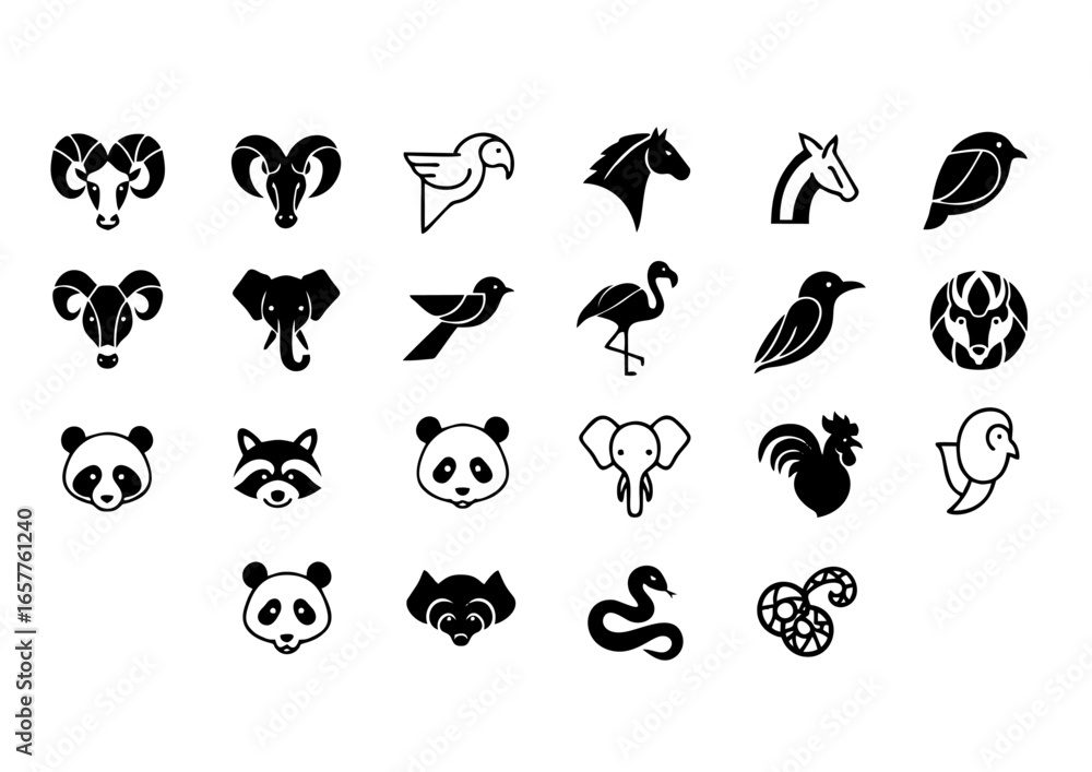 Fototapeta premium Collection of 22 minimalist animal head icons and silhouettes, a versatile flat vector pack for branding and design elements.