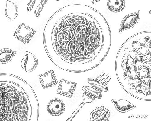 Hand drawn italian pasta assortment on white background