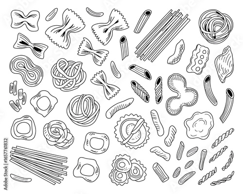 Assortment of hand drawn pasta shapes on white background