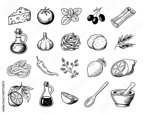Hand drawn italian food ingredients and spices collection