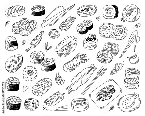 A hand drawn collection of delicious japanese food items