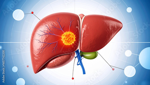 Anatomical illustration of a human liver with a glowing tumor or lesion highlighted on its surface, representing a medical condition.
