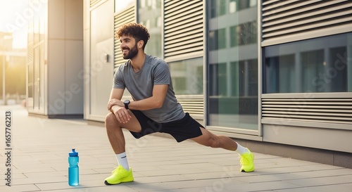 Young man exercising and stretching in an urban area. Athlete crouched with a sport drink
