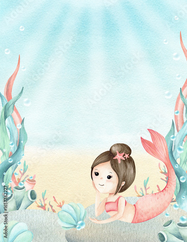 Watercolor frame with mermaid in underwater world. Children's illustration with seaweed, coral, seashell and bubbles. Hand drawn postcard isolated on seascape with sun rays. Invitation to kids party
