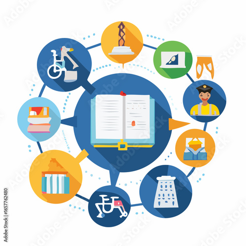 Inclusive education vector icons showing braille, sign language, and accessibility symbols in modern flat design for education, equality, and social awareness projects.
