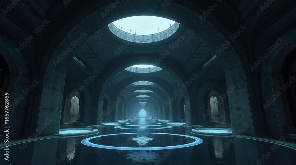 Obraz premium A vast sci-fi corridor filled partially with water featuring glowing blue circular platforms, AI generative