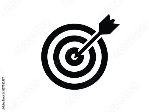 Arrow hitting bullseye target for business success marketing strategy and achieving goals with accuracy representing aiming and focus leadership
