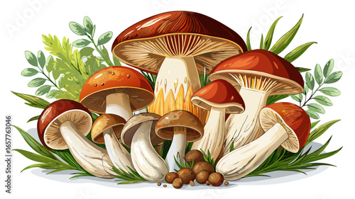 Fresh wild and cultivated mushrooms variety with delicate green herbs arranged beautifully on pristine white background, top view composition designed for refined food photography and culinary design 