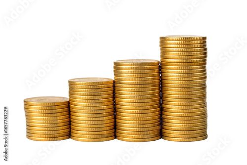 Golden coins isolated on white background. Stacks of shiny coins isolated on transparent background