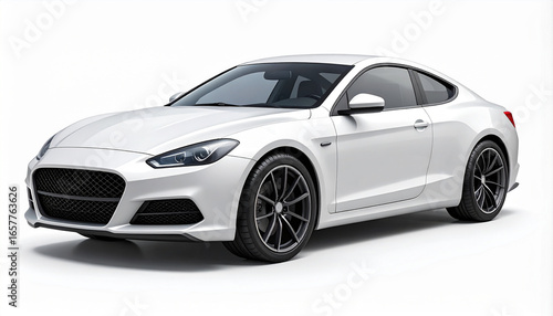 A powerful, clean white luxury sports coupe, featuring sleek aerodynamic lines and black wheels, is professionally photographed in a high-key studio shot isolated on a bright white background.