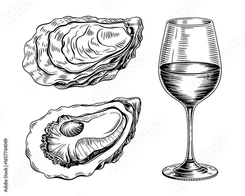 Vintage style drawing of oysters and a wine glass