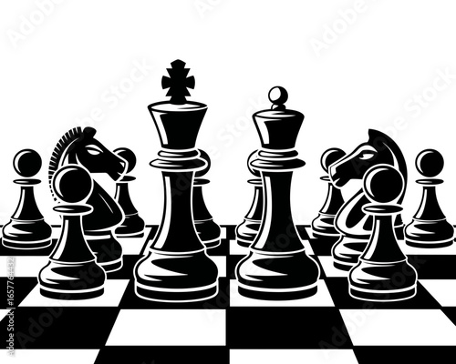 Black and white chess pieces arranged on a chessboard