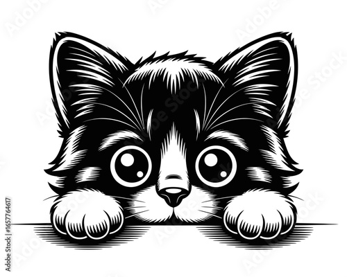 Adorable black and white kitten peeking over a surface