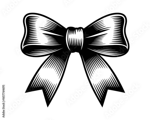 Classic black and white bow illustration with engraved detail
