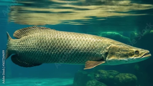 The large Arapaima fish, which is endemic to the Amazon, swims gracefully. AI video