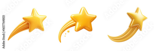 Set of 3D Gold Shooting star with a tail isolated on a transparent background