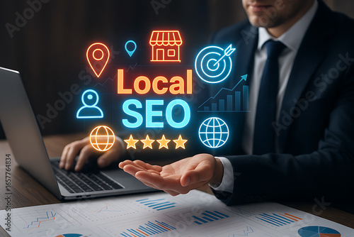 Local seo marketing strategy with holographic icons showing map location, business growth, customer targeting and online search ranking