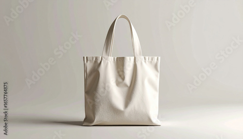 A clean studio shot captures a minimalist off-white canvas tote bag standing upright, ready for branding mockup against a seamless neutral background.