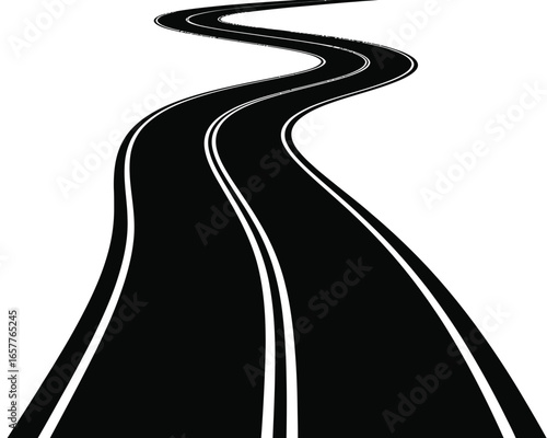 Black and white winding road with double white lines