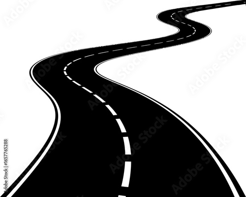 Winding black asphalt road with white dashed lines