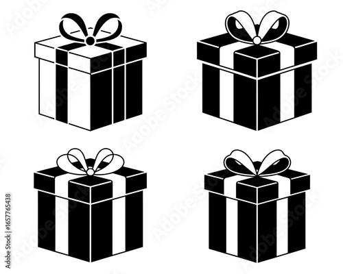 Four isometric gift boxes with ribbons and bows