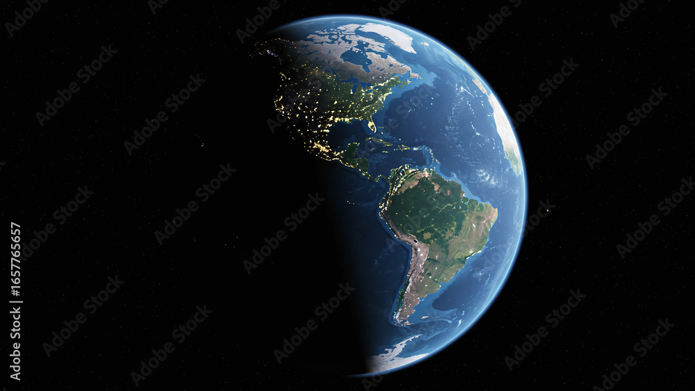 Fototapeta premium A realistic view of planet Earth from space, showing the transition from night to day over the Americas.