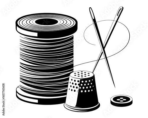 Sewing supplies thread needles thimble and button