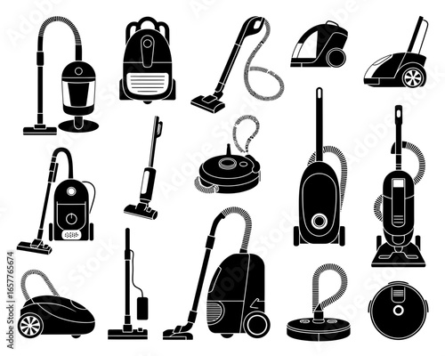 Collection of various vacuum cleaner silhouettes for cleaning floors