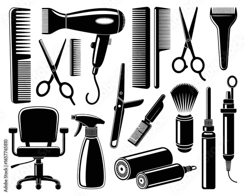 Collection of black and white hair salon and barber tools