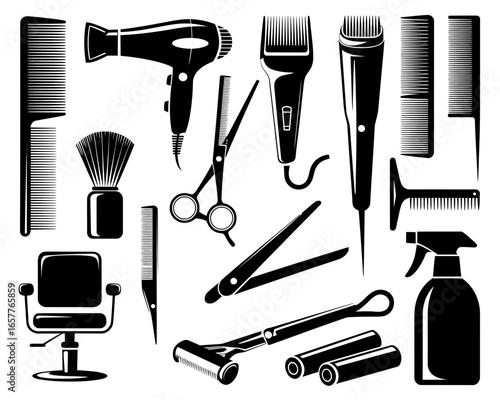 Collection of professional barber and hairstylist tools and equipment
