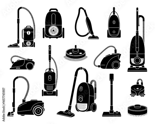 Collection of various vacuum cleaner silhouettes for cleaning and home maintenance