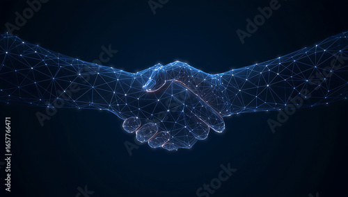 Digital handshake formed from glowing blue particles symbolizing global connection and technological partnership in the digital age
