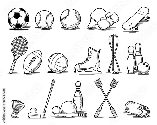 Collection of hand drawn sports equipment icons