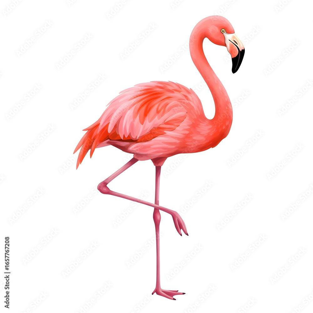 Fototapeta premium Pink flamingo standing on one leg isolated on white background