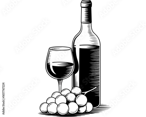 Classic wine bottle glass and grapes illustration