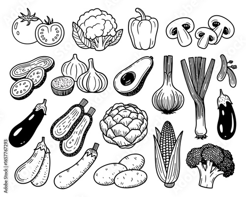 Hand drawn collection of fresh vegetables in black and white