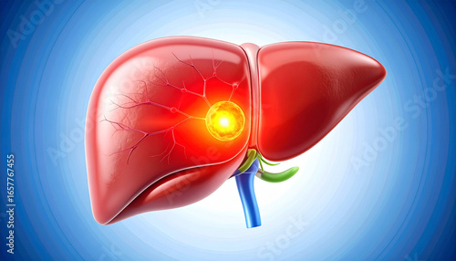 A detailed 3d medical illustration of a human liver showing a painful glowing red spot, symbolizing inflammation or disease against a clinical blue background.