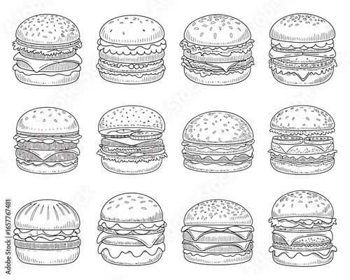 Collection of hand drawn burger illustrations