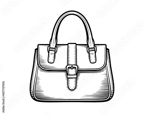 Classic handbag with buckle and handle in black and white sketch