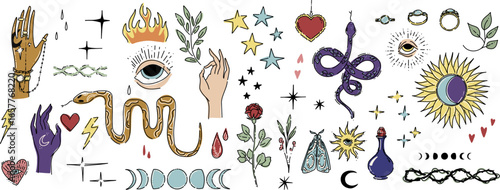 Set of hand drawn mystical esoteric love elements. Vector magic theme illustration.