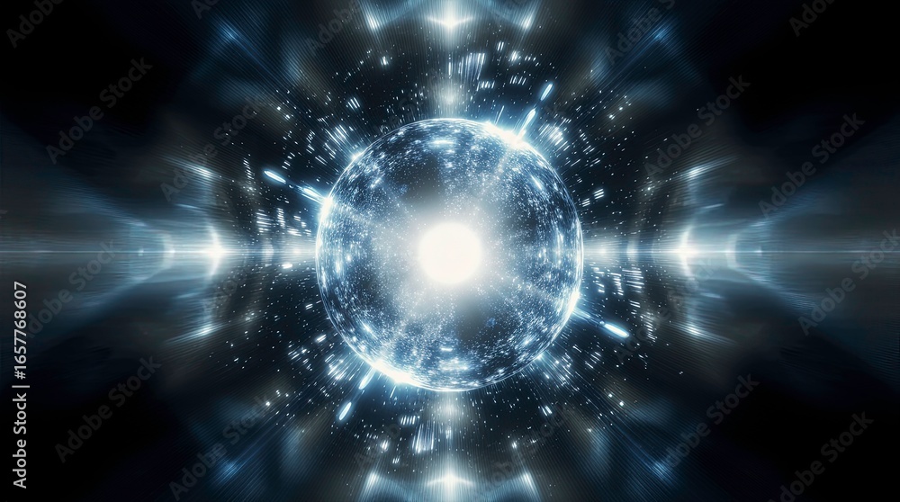 Fototapeta premium Futuristic glowing energy sphere at the center of a symmetrical digital explosion with radial light, AI generative
