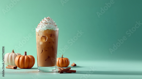 Fototapeta Naklejka Na Ścianę i Meble -  Iced pumpkin spice latte with whipped cream and cinnamon, styled with pumpkins on a light green background. Fresh and minimal composition ideal for late summer campaigns