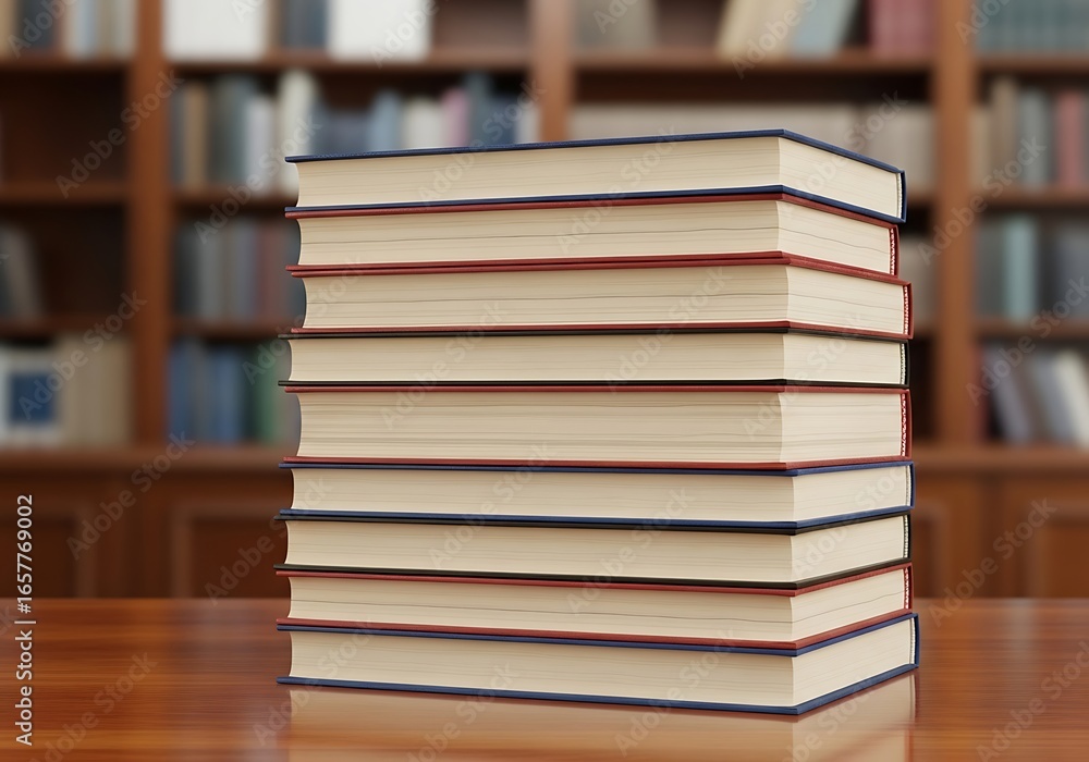 Fototapeta premium A tall stack of hardcover books with red and blue bindings rests on a polished wooden table, with a library in the background