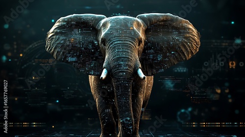 Futuristic elephant with digital circuit patterns and glowing data streams technology photo