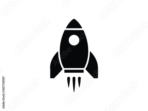 Black and white rocket icon symbol of innovation startup and exploration with sleek design on a clean background