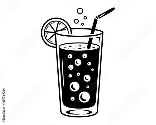 Black and white icon of a refreshing drink with lemon and bubbles