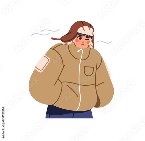 Young man in winter clothes is frozen from snow storm and cold weather. Boy in outerwear shivers from wind, low temperature. Freeze person in hat outdoors. Flat isolated vector illustration on white.